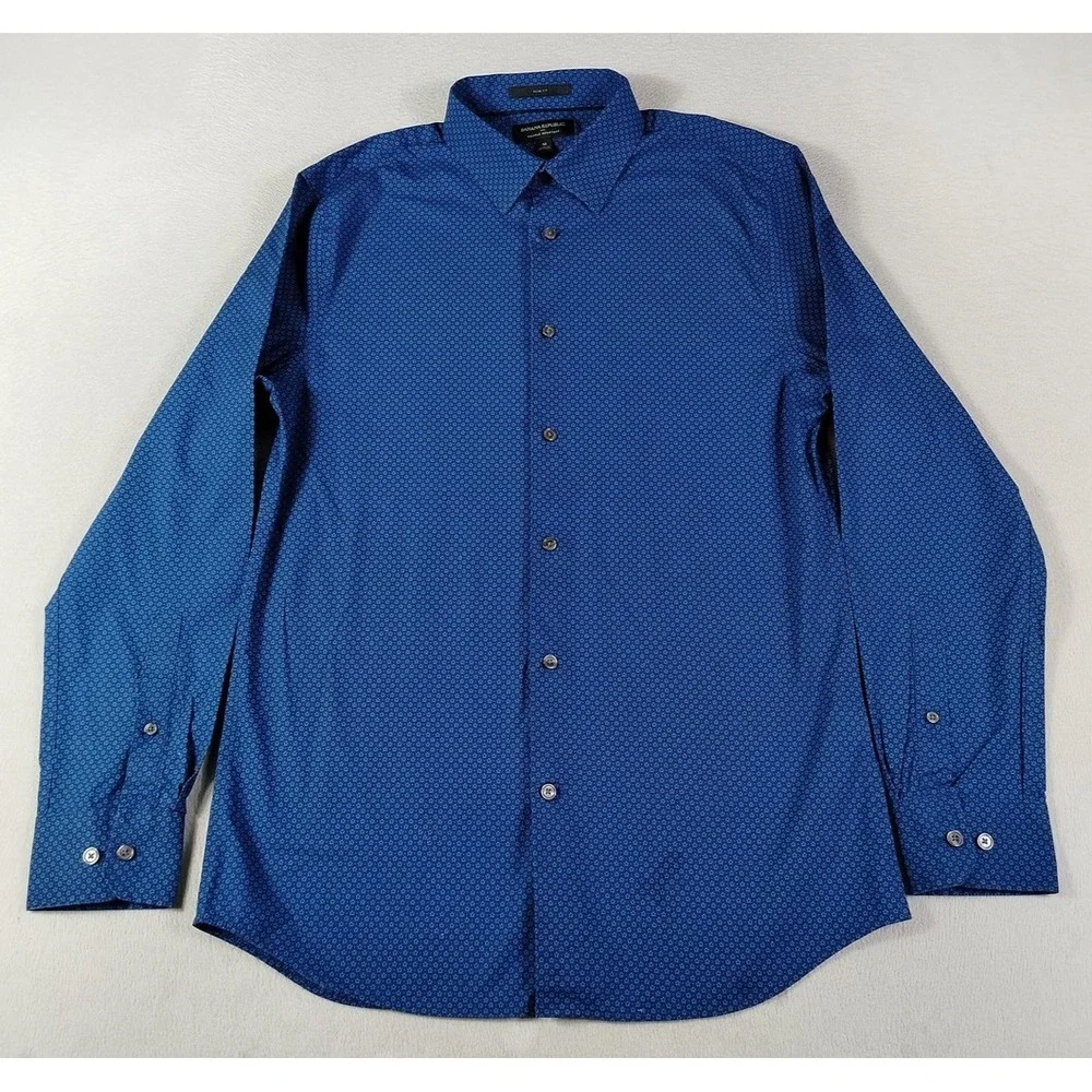 Banana Republic Dress Shirt Mens Medium Blue Geo Slim Fit Wrinkle Resistant